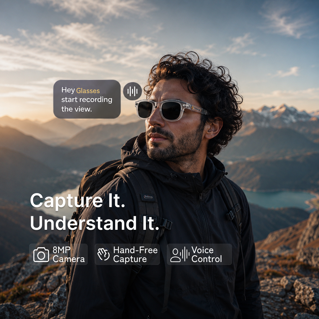 Trivue AI Smart Glasses For Men & Women, Sony 8 MP Pixel, Magnetic Fast Charging, Open Ear Audio, Video, Calling