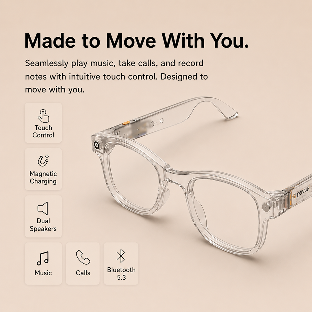 Trivue AI Smart Glasses For Men & Women, Sony 8 MP Pixel, Magnetic Fast Charging, Open Ear Audio, Video, Calling