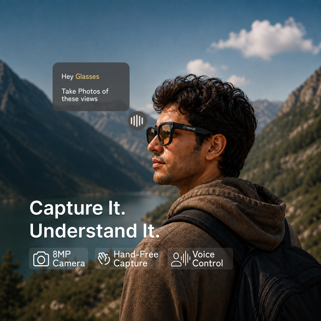 Trivue AI Smart Glasses For Men & Women, Sony 8 MP Pixel, Magnetic Fast Charging, Open Ear Audio, Video, Calling