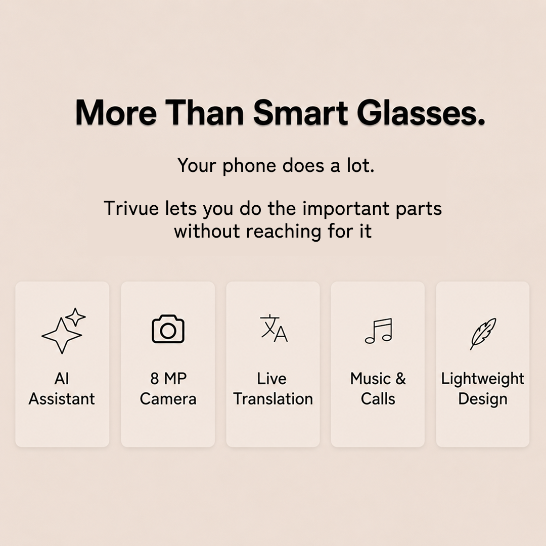 Trivue AI Smart Glasses For Men & Women, Sony 8 MP Pixel, Magnetic Fast Charging, Open Ear Audio, Video, Calling